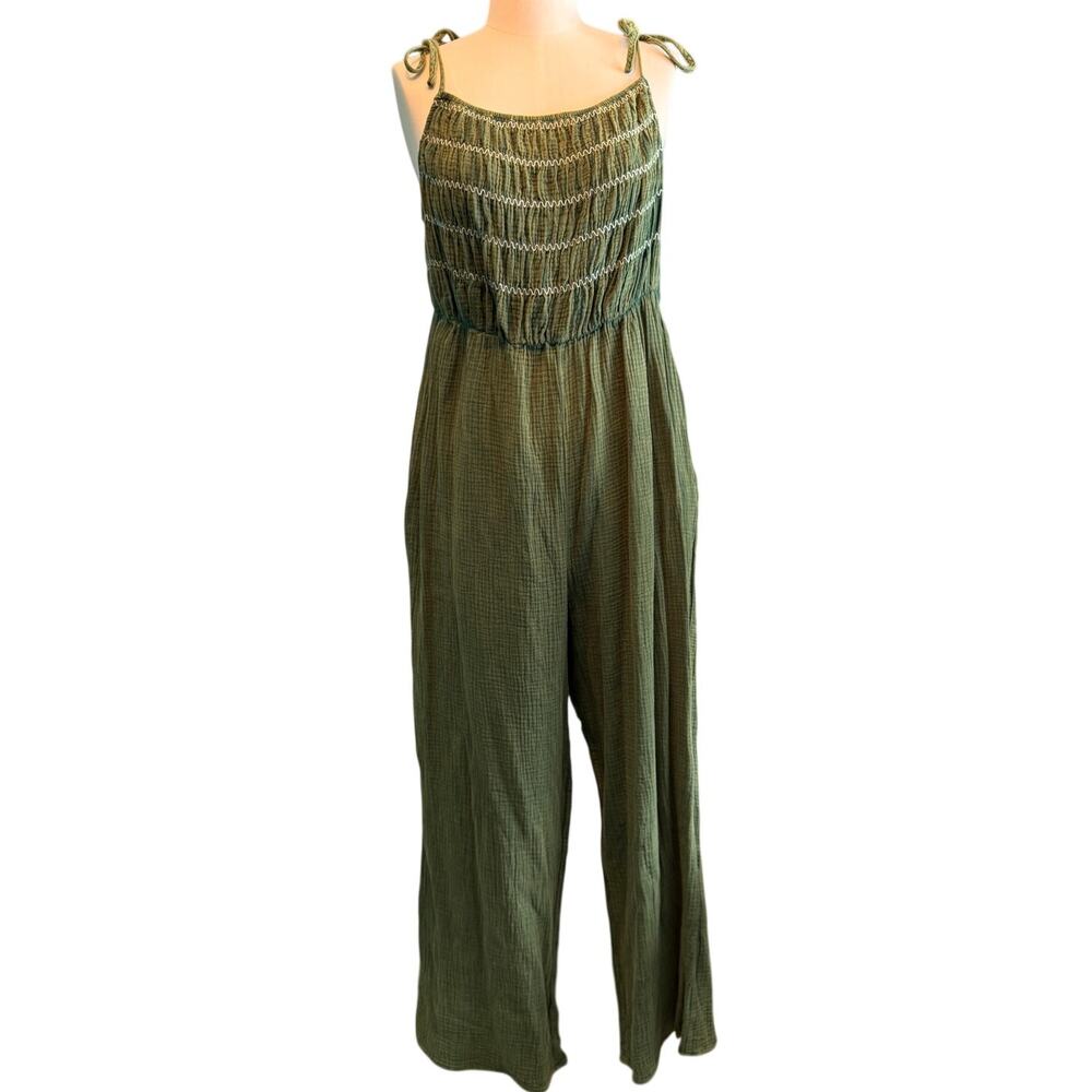 Davi & Dani Boho Romper Olive Green Gauze Jumpsuit Smocked Wide Leg Size LARGE